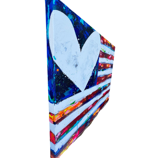 Colorful glass panel with a heart design on a white background
