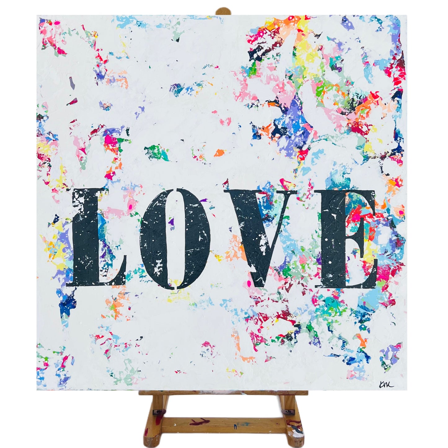 Colorful abstract painting with 'LOVE' text on a white background
