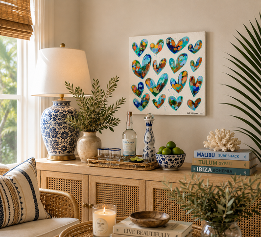 Living room with decorative items including a lamp, books, and a colorful heart painting.
