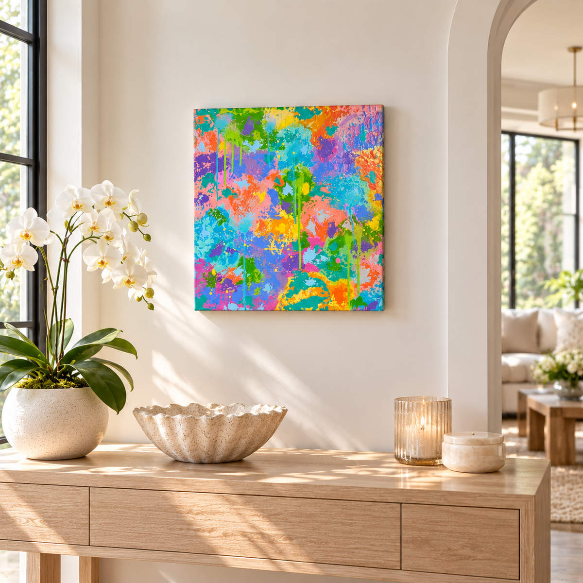 Colorful 20-inch square abstract painting by Kate McNamee Art displayed in a bright neutral interior above a light wood console with a white orchid.