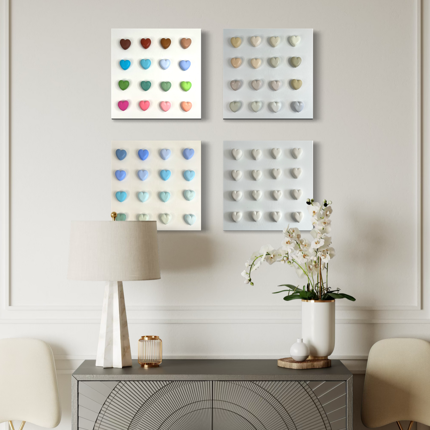 Modern interior with a decorative console table and chairs, featuring wall art.
