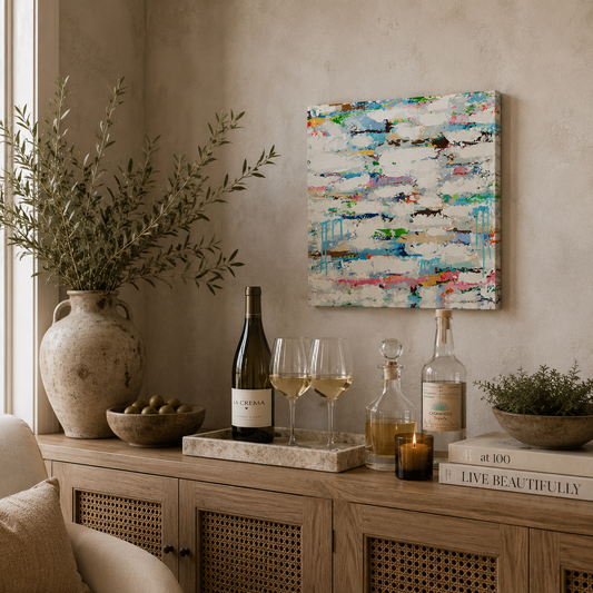 Living room with a wooden cabinet displaying wine and glasses, a vase with plants, and a colorful abstract painting on the wall.