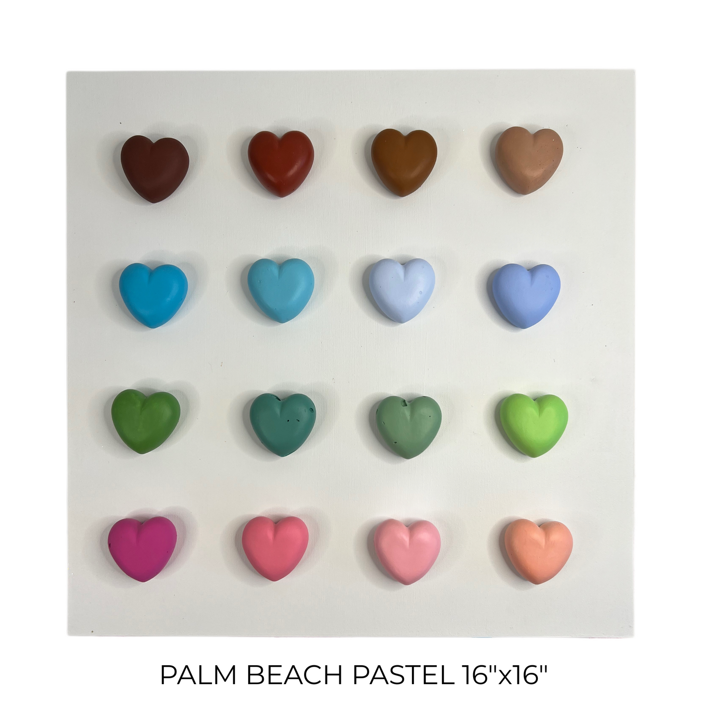 Set of colorful heart-shaped objects on a white background with text 'Palm Beach Pastel 16''x16''.