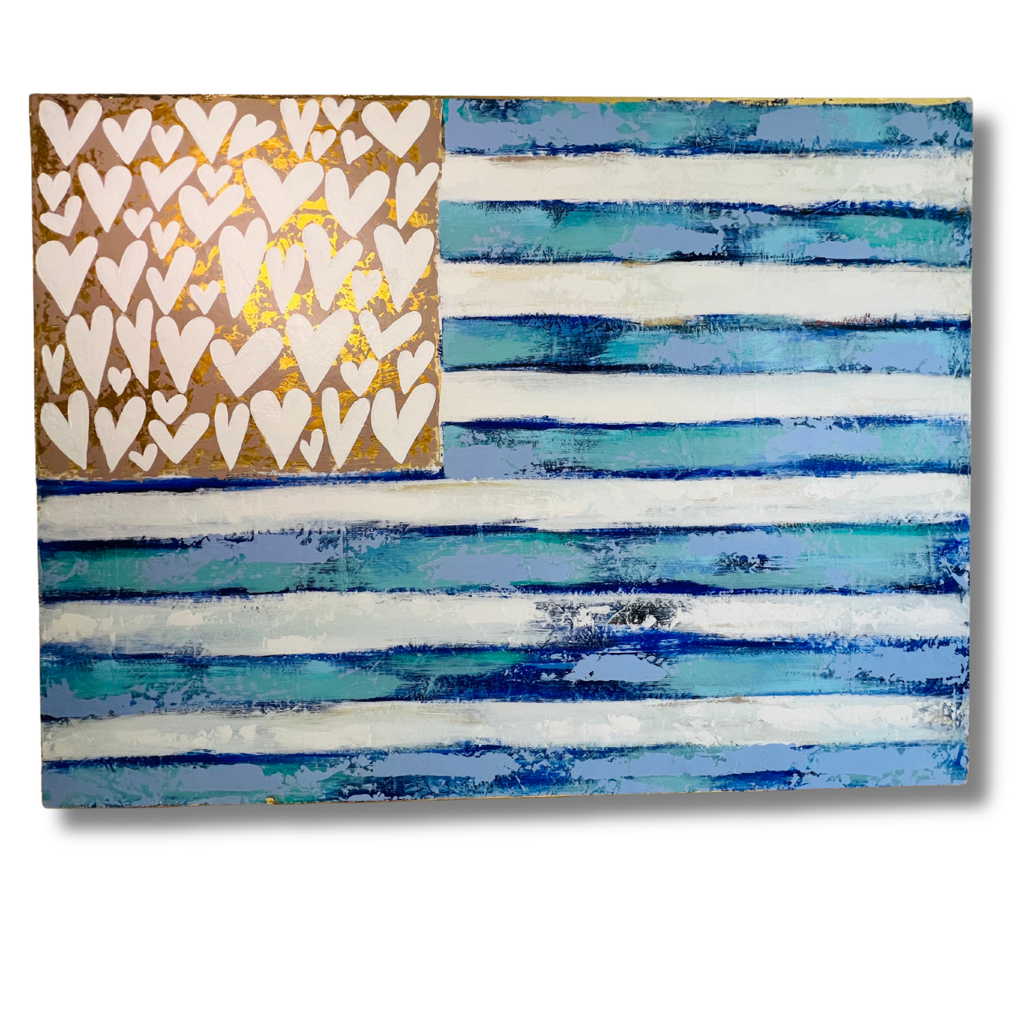 Abstract art piece with white hearts on a brown background and blue horizontal stripes.