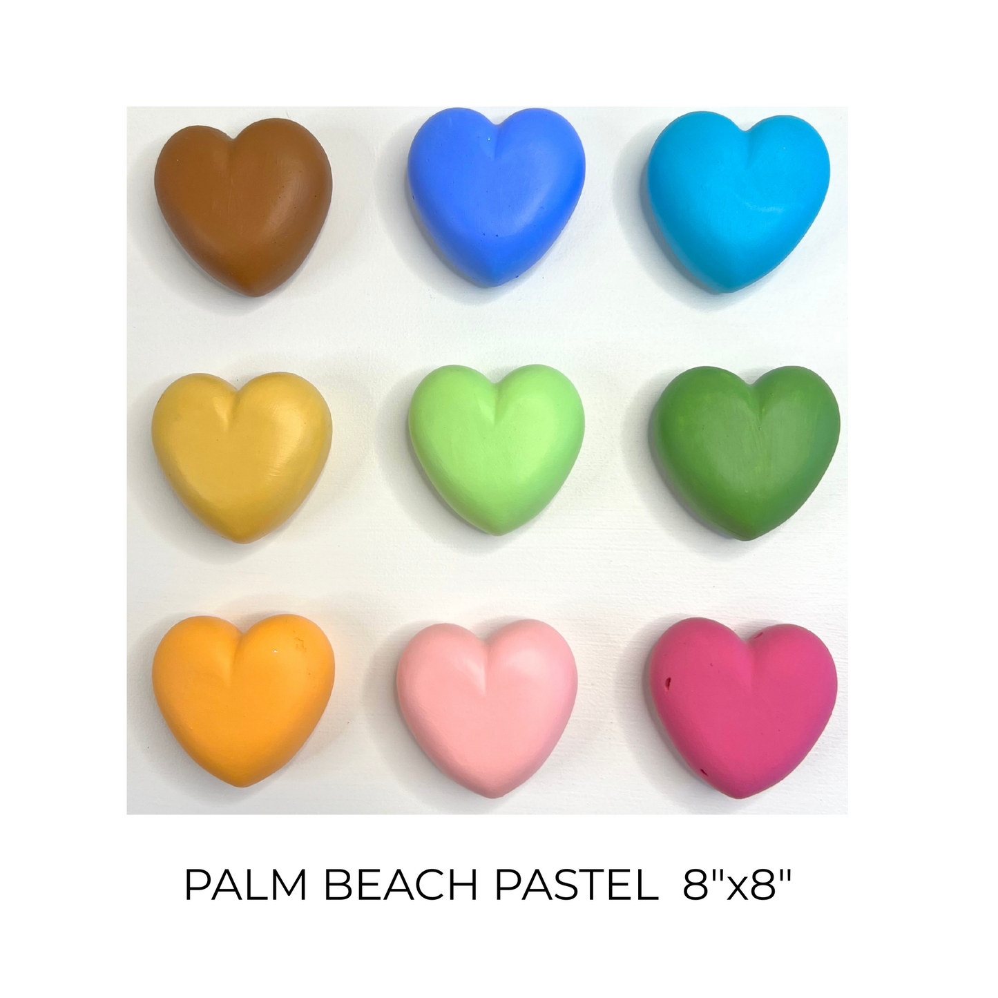 Nine colorful heart-shaped objects on a white background with 'Palm Beach Pastel 8x8' text.