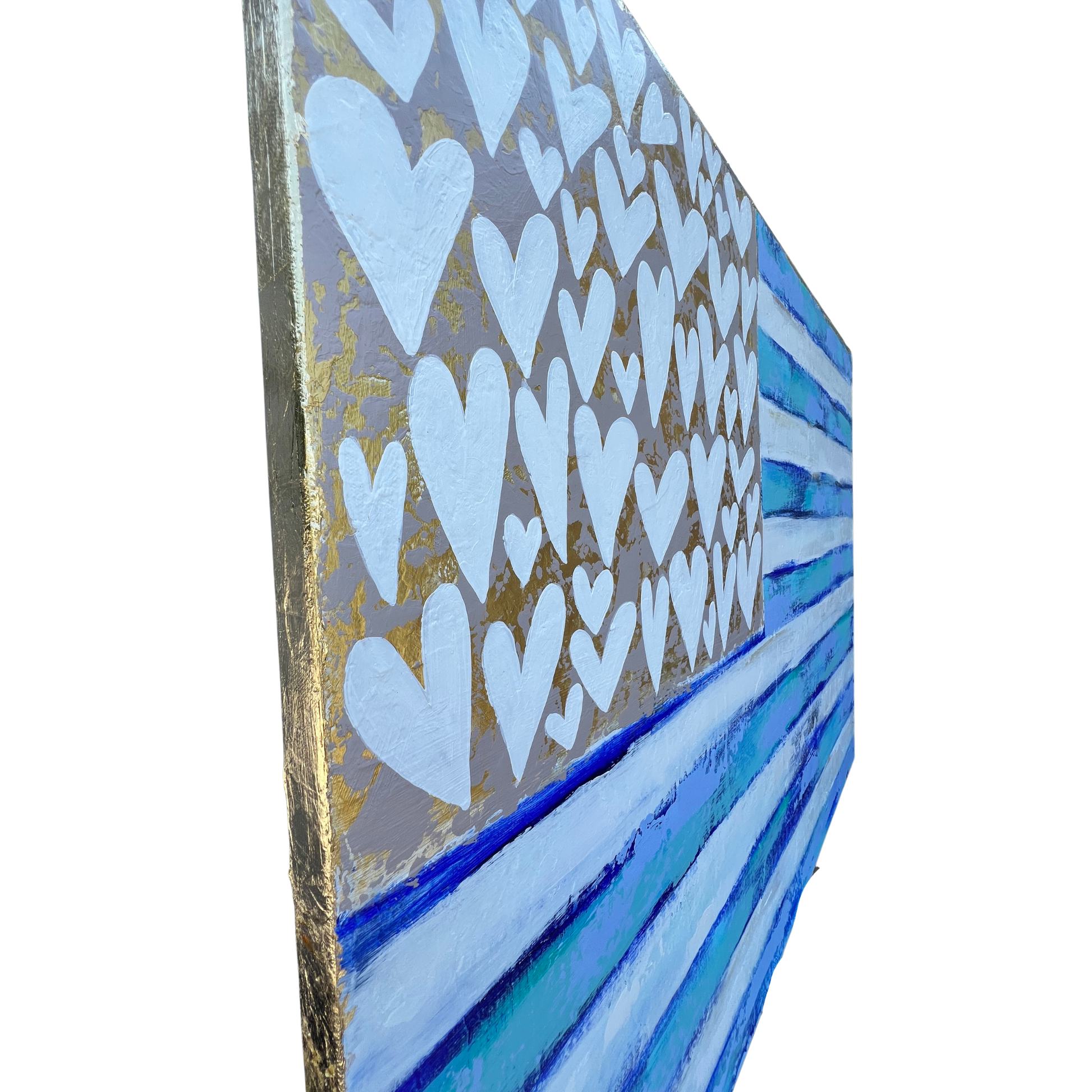 Decorative wall art with blue heart patterns on a white background