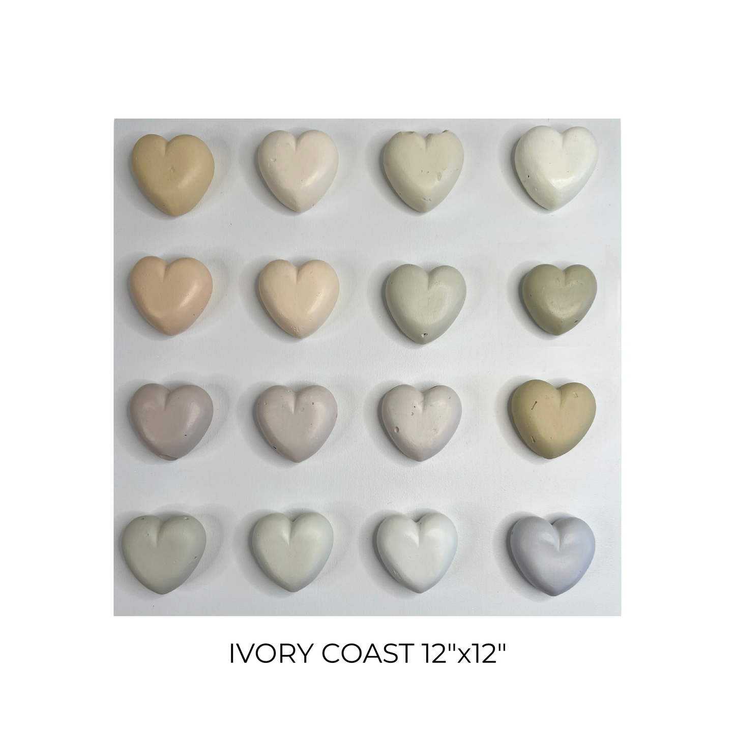 Heart-shaped candies in various shades of beige on a white background with 'Ivory Coast 12"x12"' text.