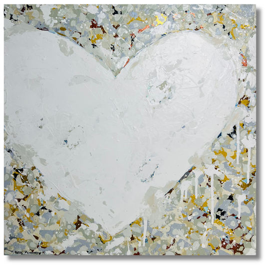 An abstract square canvas painting featuring a large textured white heart shape centered within a mottled border of gray, gold, beige, and white paint drips.