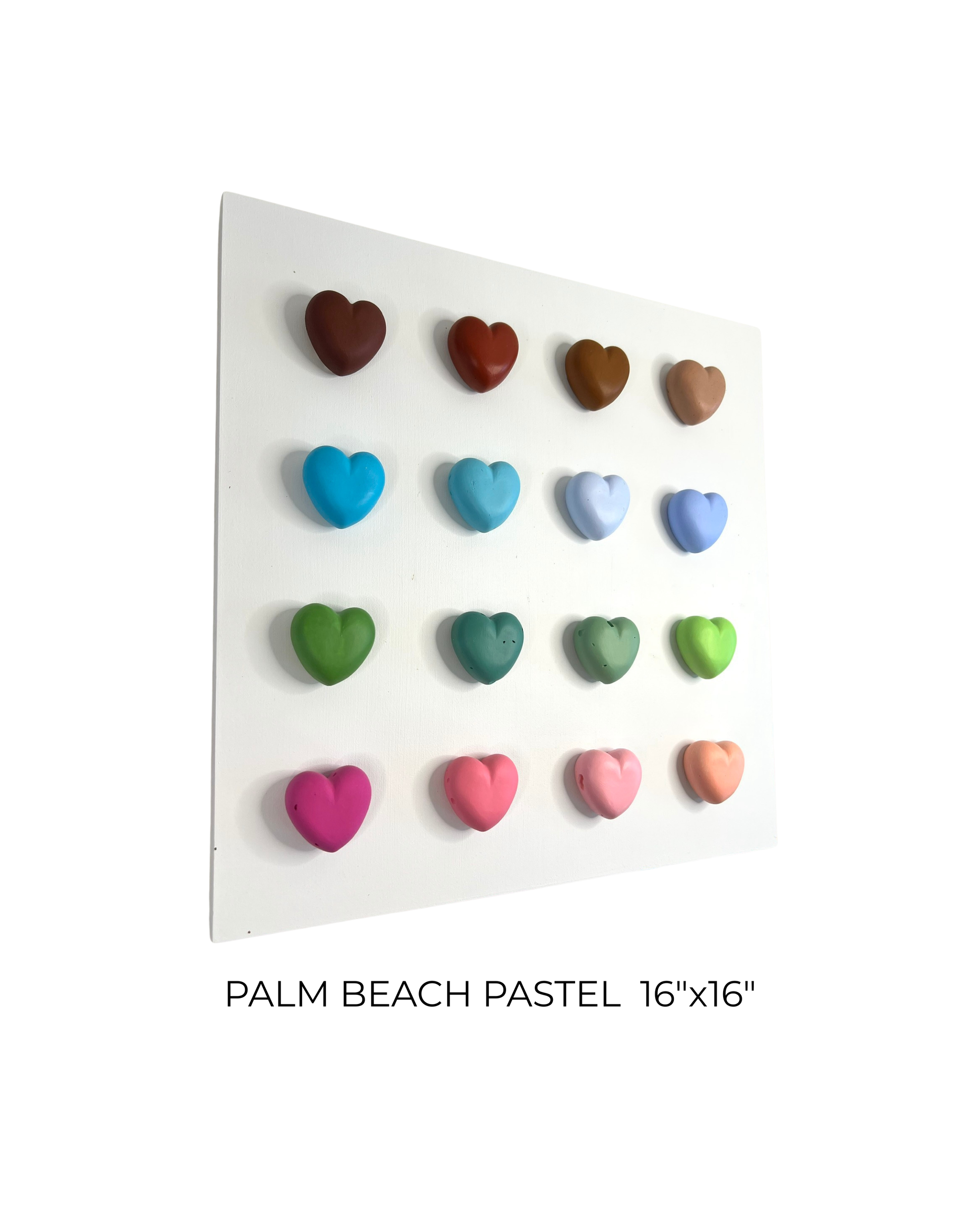 Colorful heart-shaped earrings on a white background with text 'Palm Beach Pastel 16x16'.
