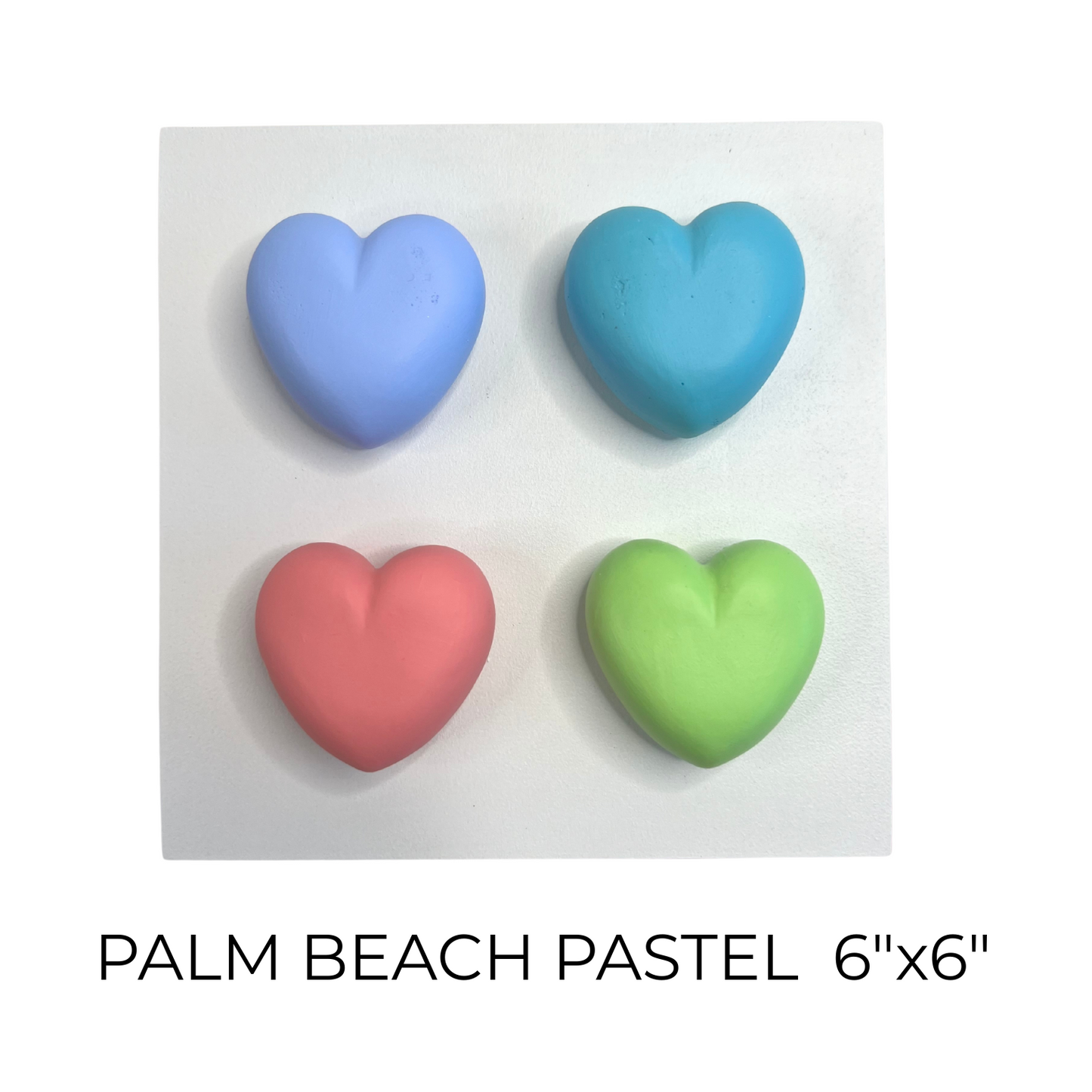 Four colorful heart-shaped objects on a white background with text 'Palm Beach Pastel 6x6'.