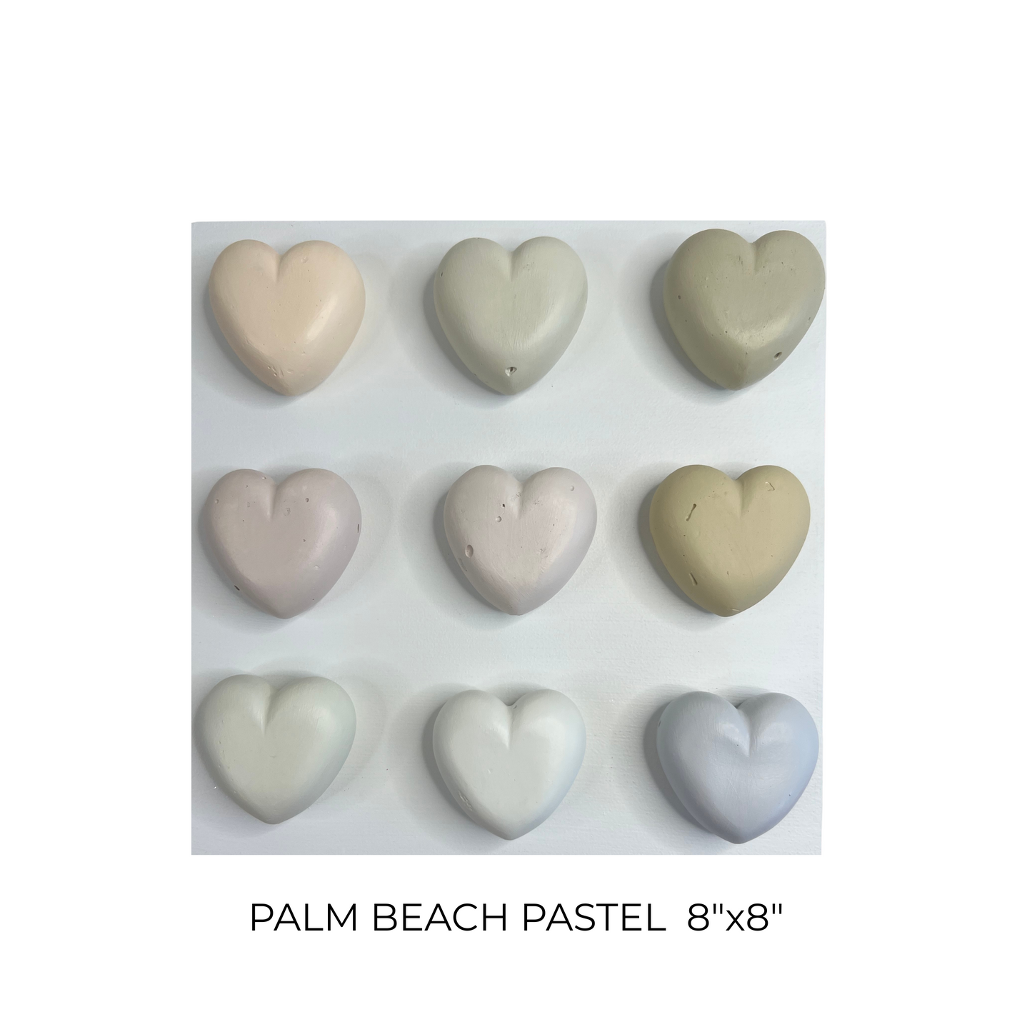 Nine heart-shaped objects in pastel colors on a white background with 'Palm Beach Pastel 8x8' text.