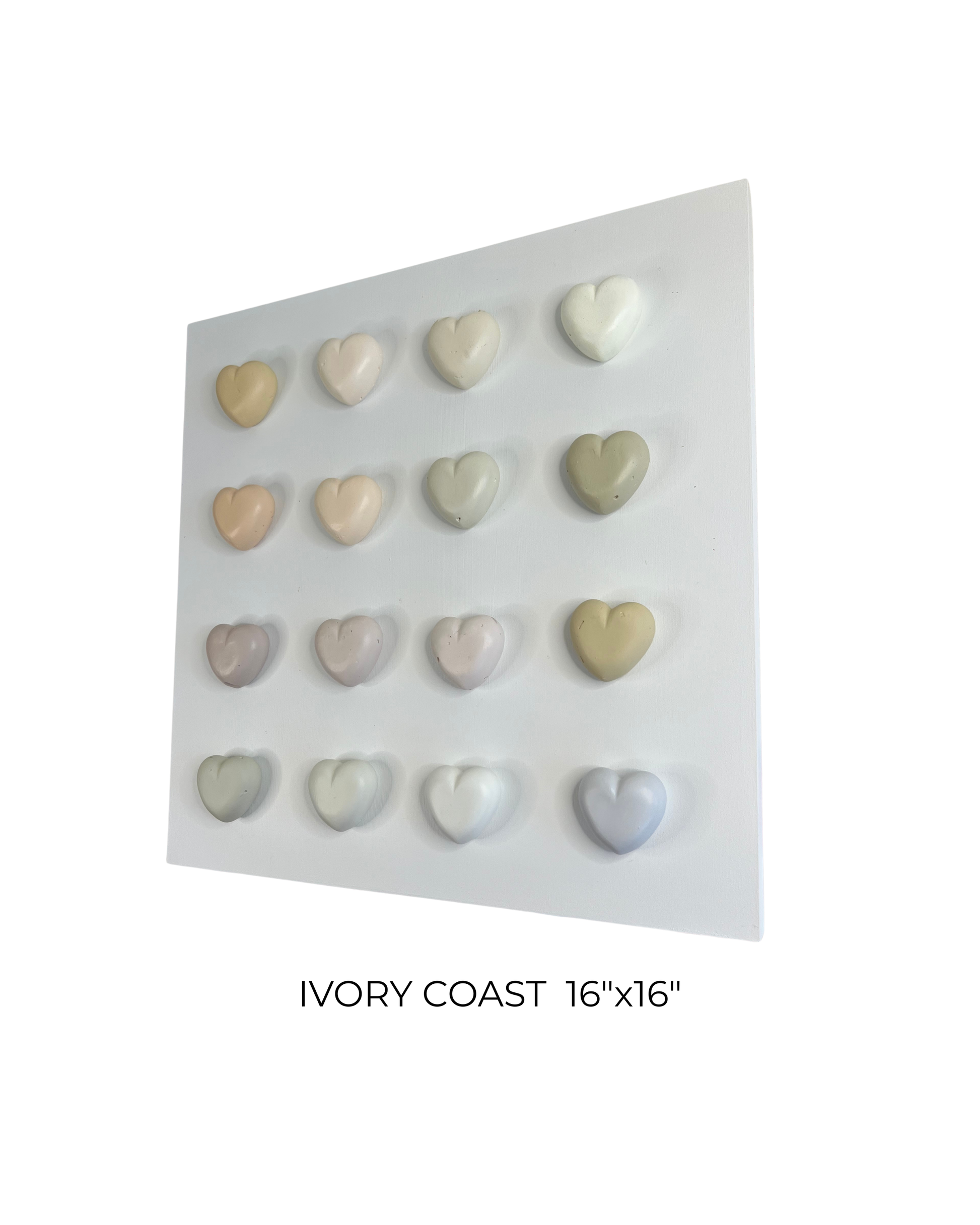 Heart-shaped candies on a white card with 'Ivory Coast 16"x16"' text.