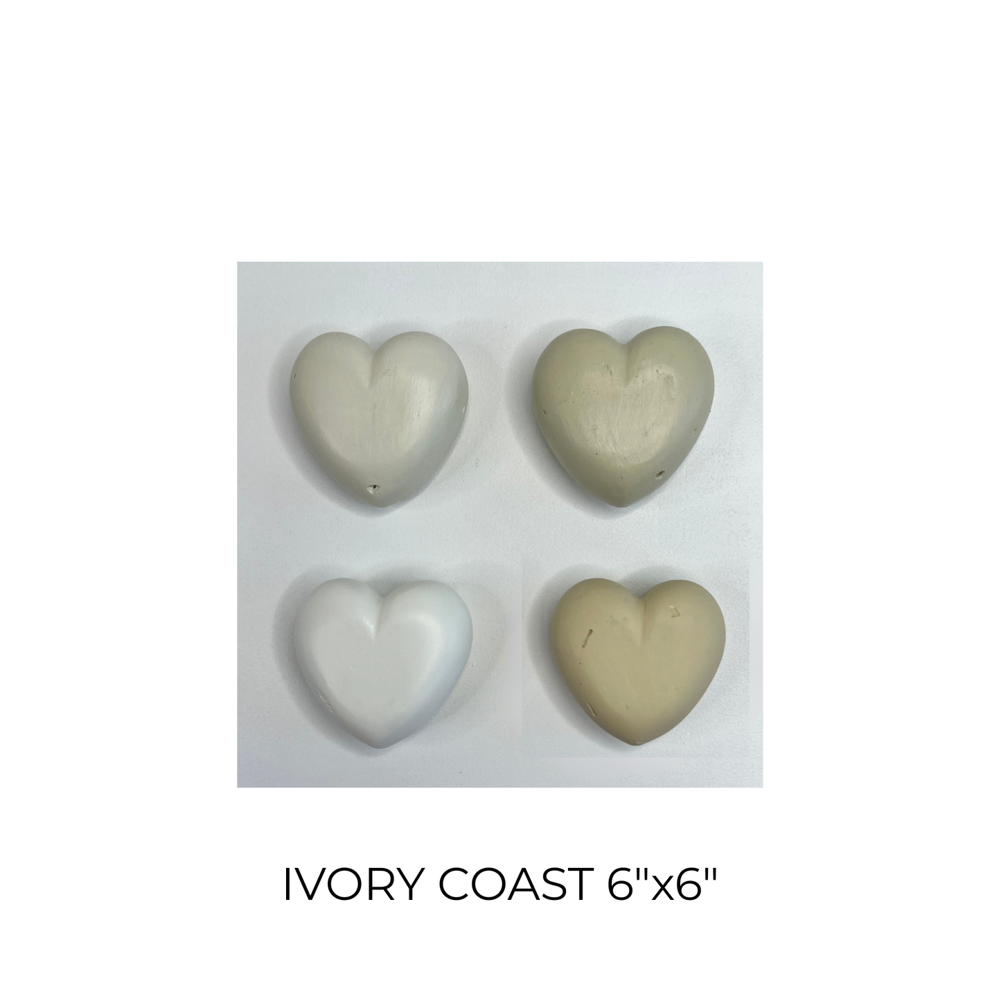 Four heart-shaped stones in different shades of beige on a white background with 'Ivory Coast 6''x6''' text.