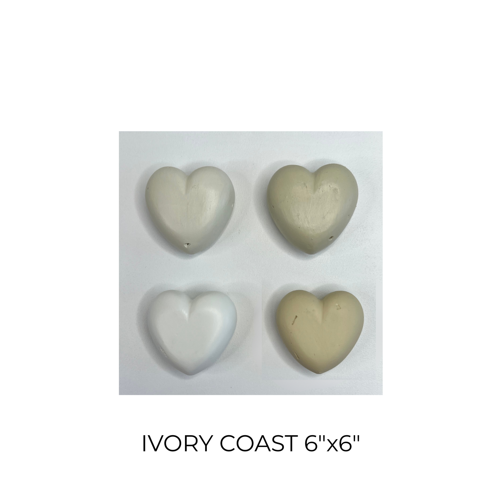 Four heart-shaped stones in different shades of beige on a white background with 'Ivory Coast 6''x6''' text.