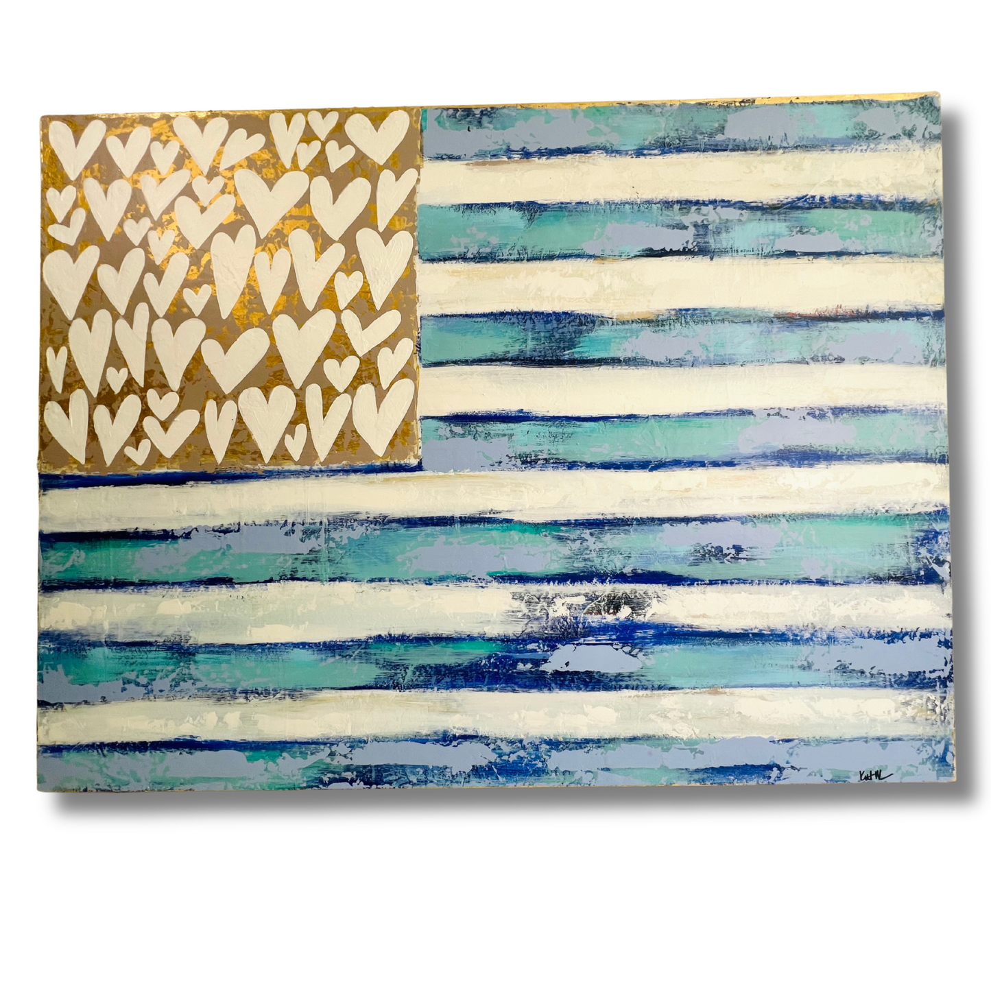 Abstract art piece with heart pattern on gold and striped blue and white design