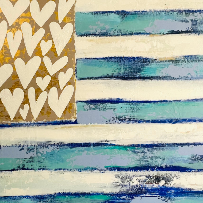 Abstract art piece with heart pattern on gold and striped blue and white design