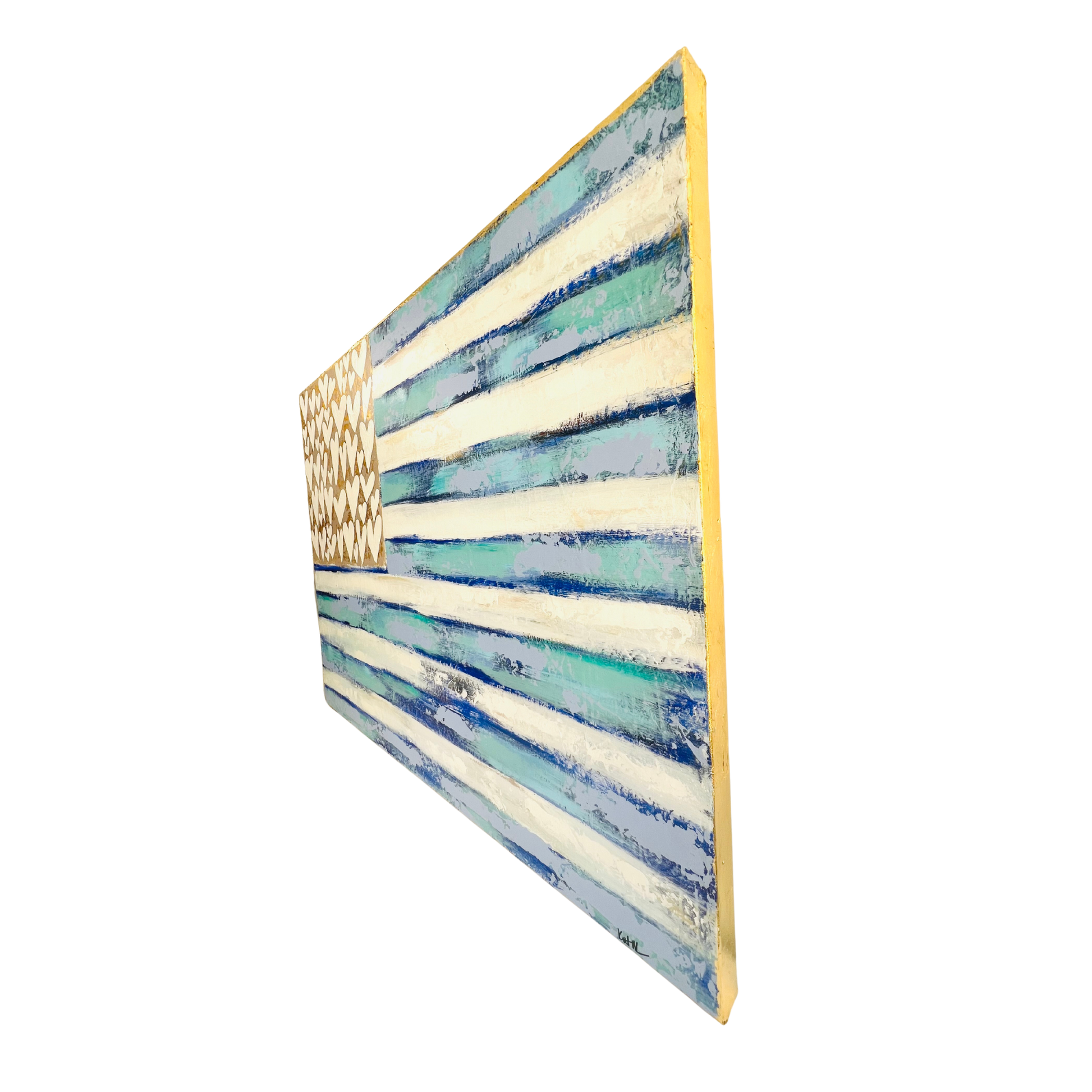 Abstract art piece with blue and beige colors on a white background