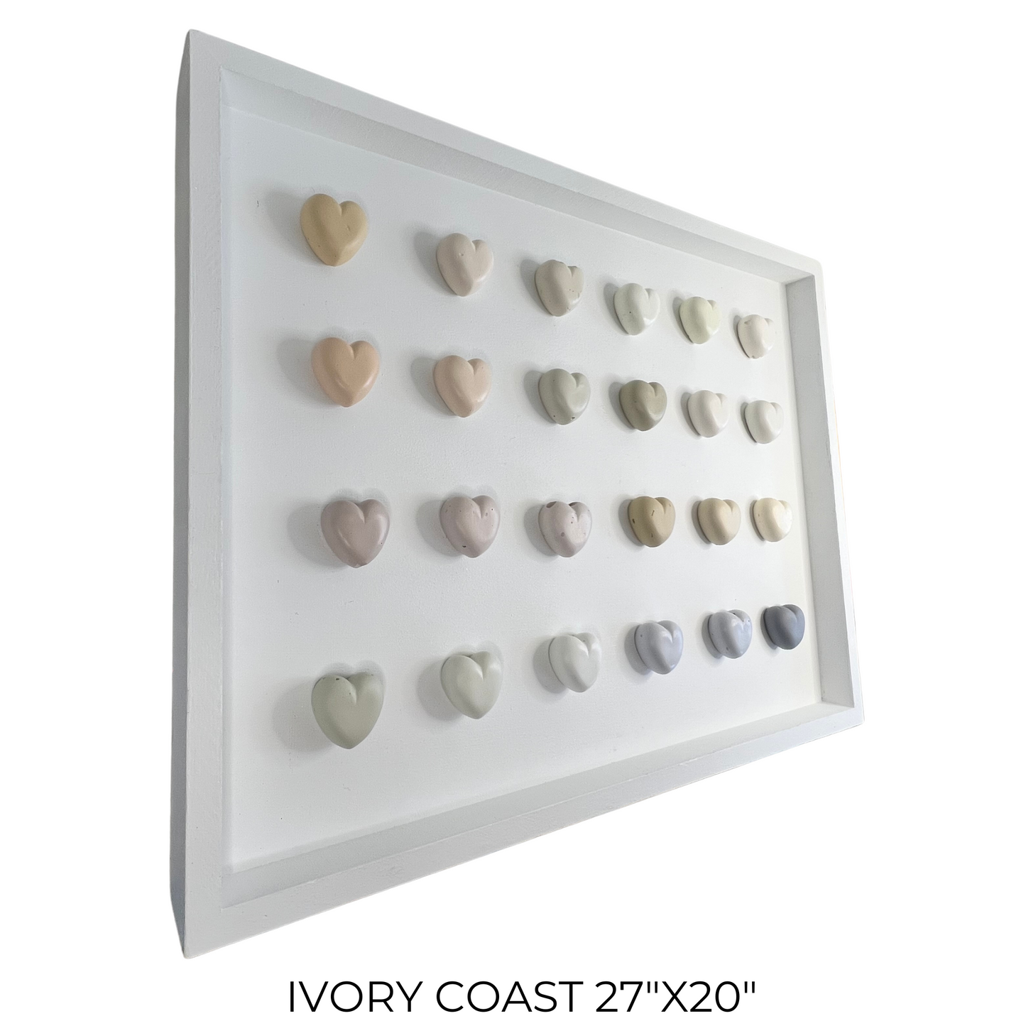 Ivory coast display frame with heart-shaped objects on a white background