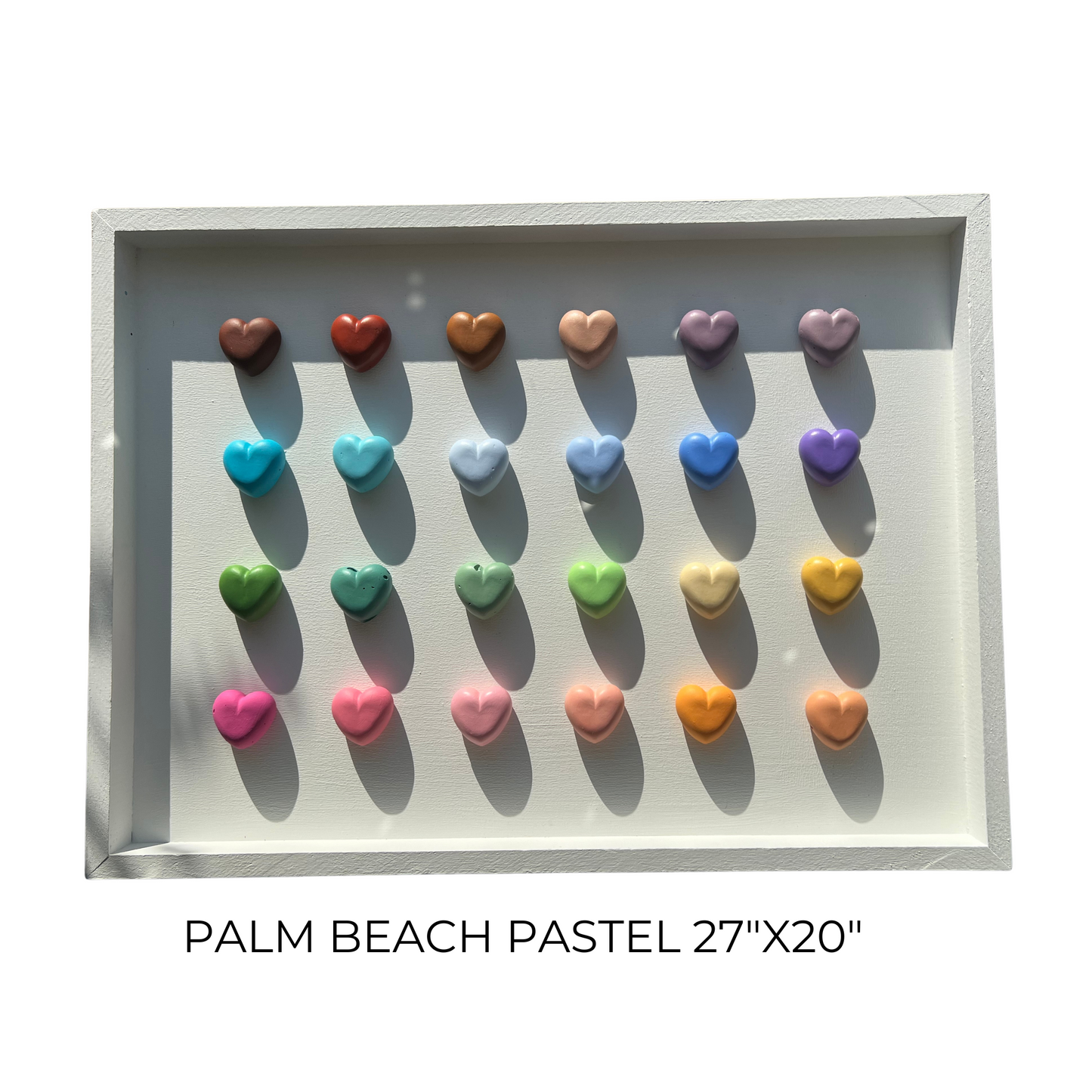 Colorful heart-shaped objects arranged in a grid on a white background with text 'Palm Beach Pastel 27''x20''.