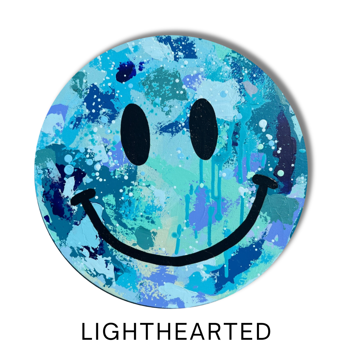 Lighthearted, a 12-inch round original smiley face painting with layered shades of aqua, turquoise, blue and soft lavender acrylic paint, finished with playful drips and splatter details.