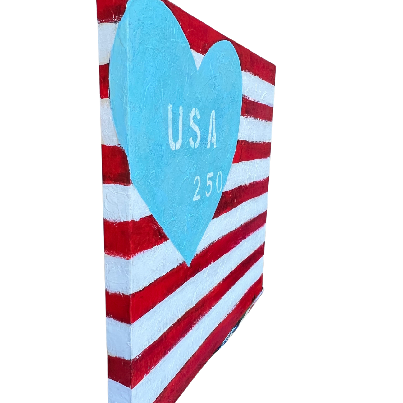 Decorative wall art with American flag pattern and blue heart with 'USA 250' text.