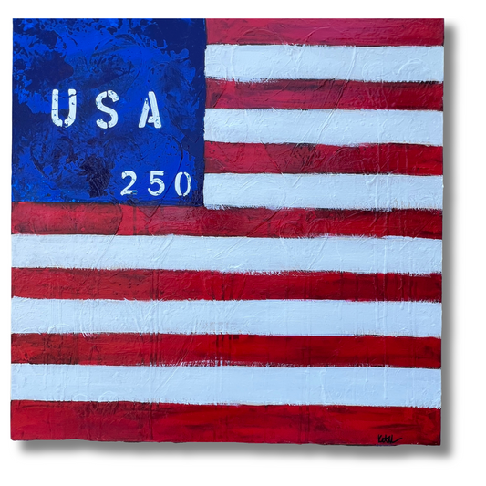 Painting of an American flag with 'USA' and '250' text on a white background