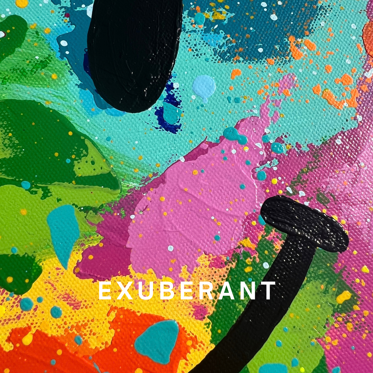 Exuberant, a 12-inch round original smiley face painting with bold layers of pink, turquoise, green, orange and yellow acrylic paint, finished with energetic splatter details.