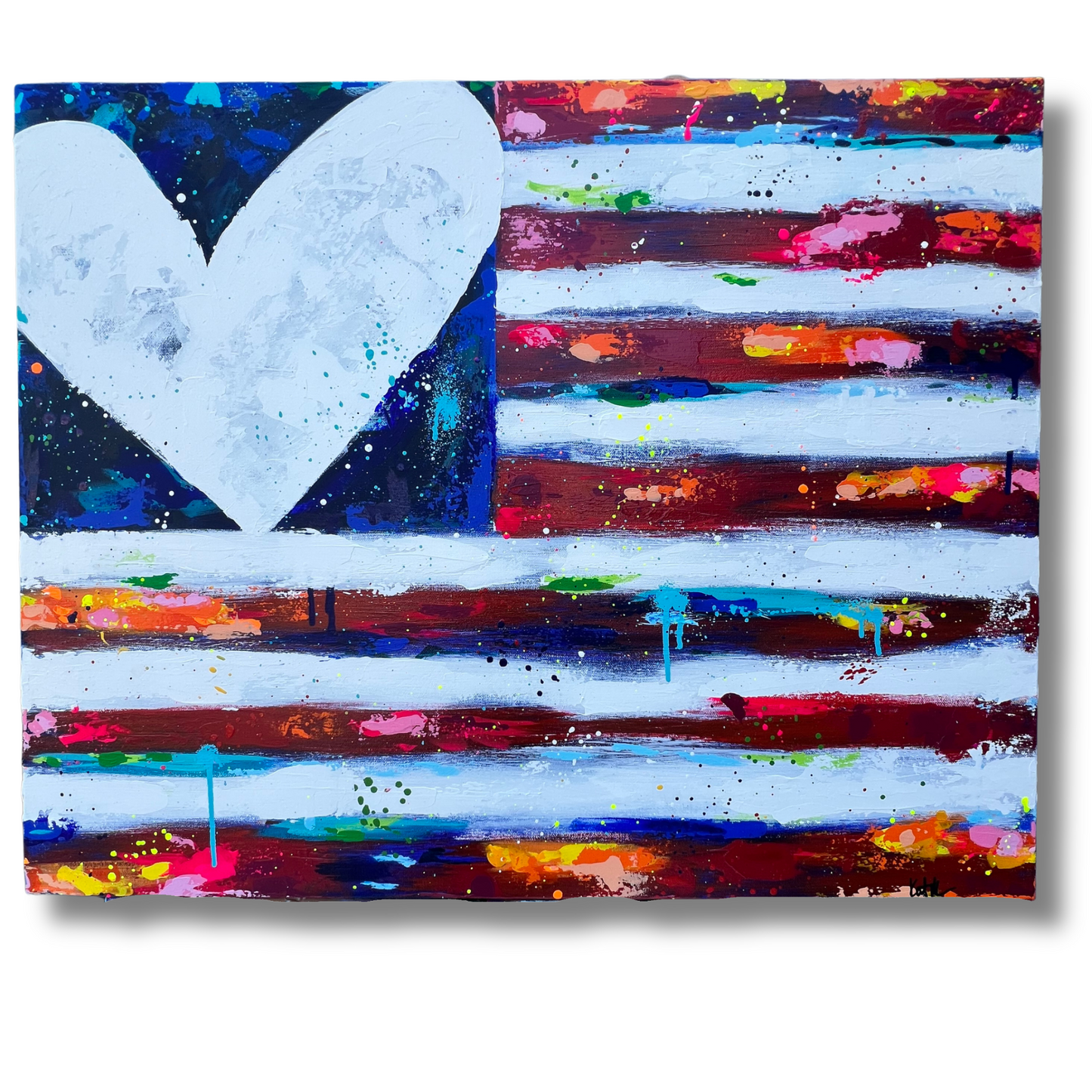 Abstract painting with a white heart on a colorful striped background