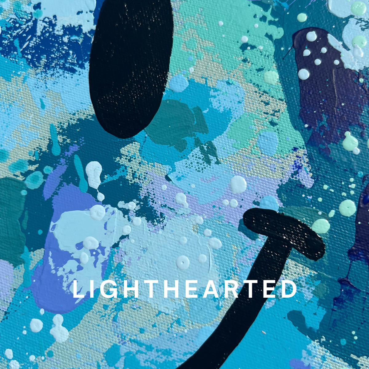 Lighthearted, a 12-inch round original smiley face painting with layered shades of aqua, turquoise, blue and soft lavender acrylic paint, finished with playful drips and splatter details.