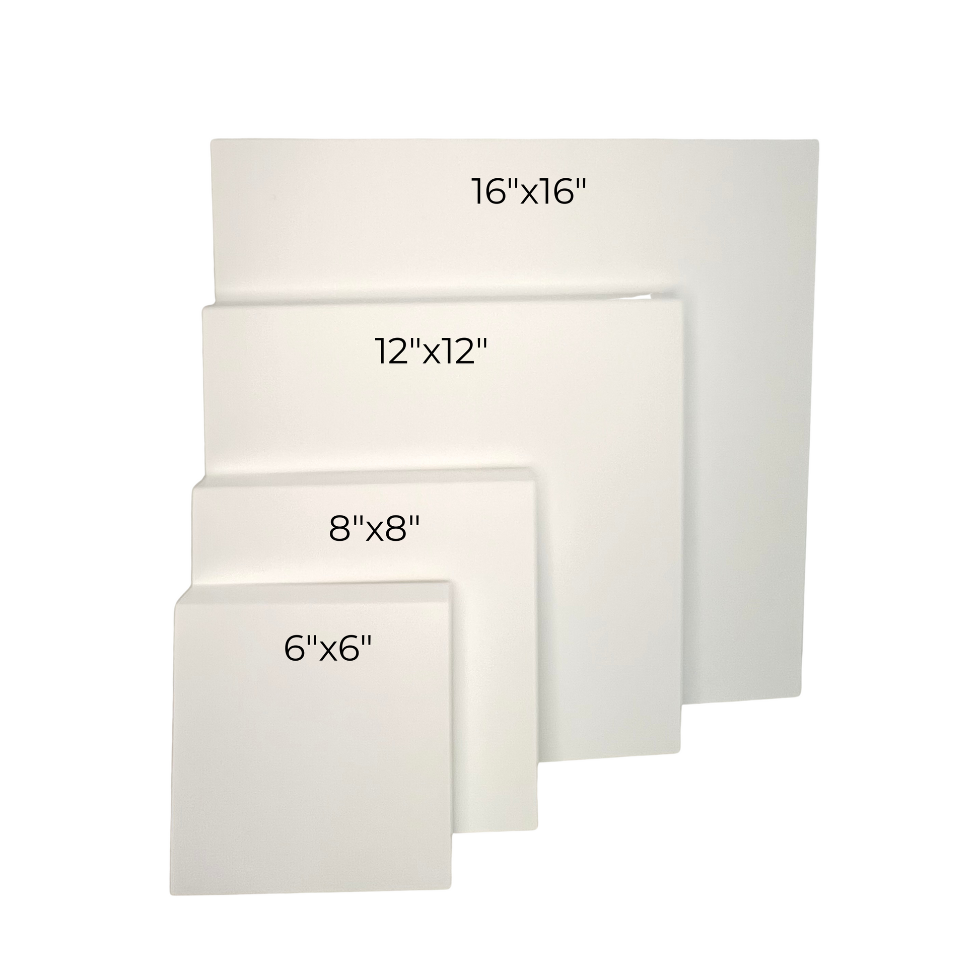 Set of four white canvases with dimensions labeled on a white background