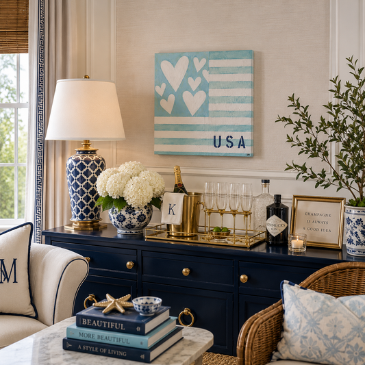Decorative living room with a blue dresser, lamp, books, and decorative items.
