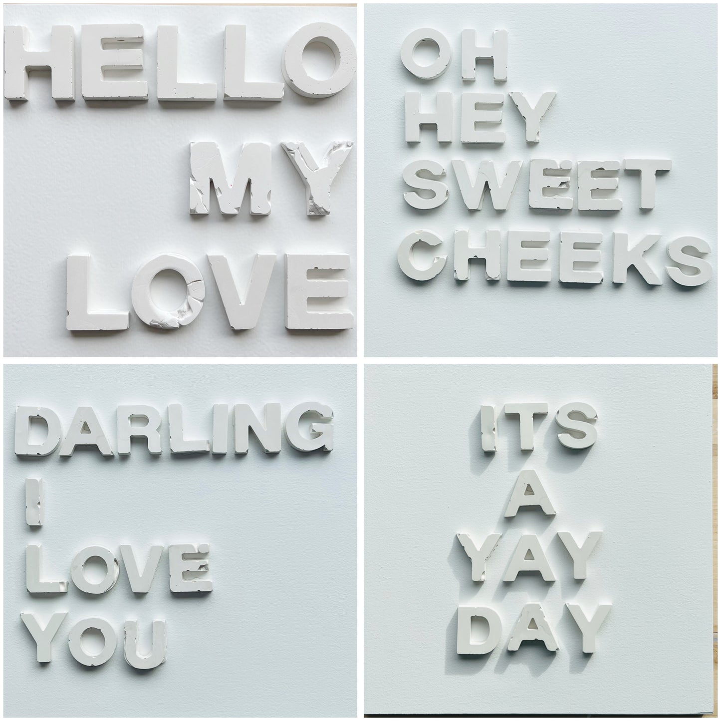Four text blocks with romantic phrases on a light gray background