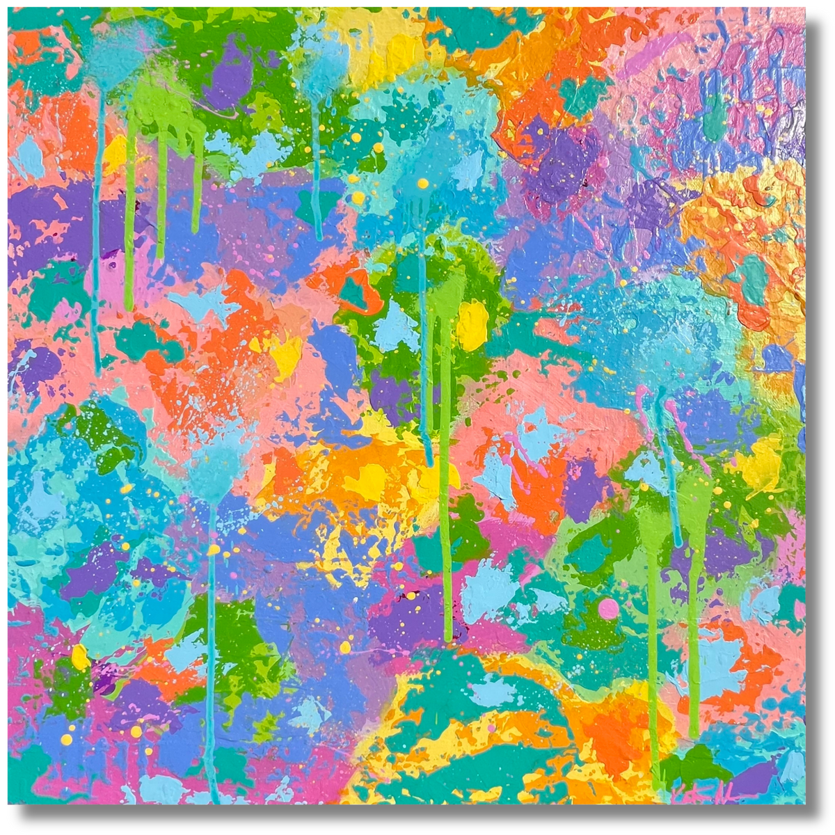 A square abstract art print featuring a vibrant, multicolored paint splatter and drip pattern with bright shades of blue, pink, orange, green, and purple.