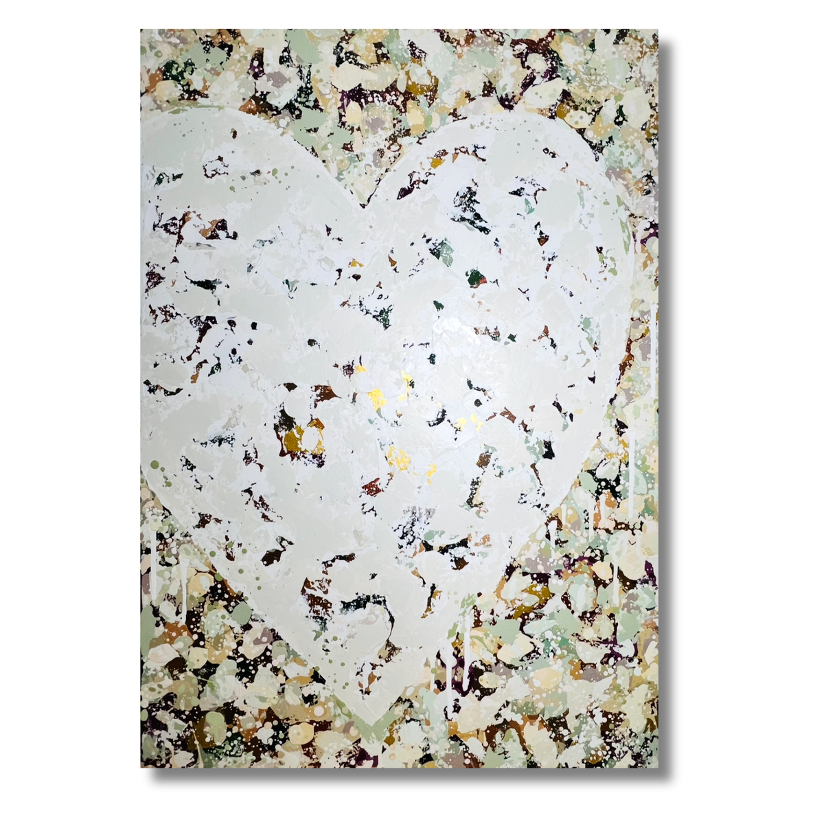 Abstract canvas wall art featuring a large textured white heart shape over a marbled background of beige, brown, green, and gray tones, shown as a vertical rectangular print with a subtle drop shadow on a white background.