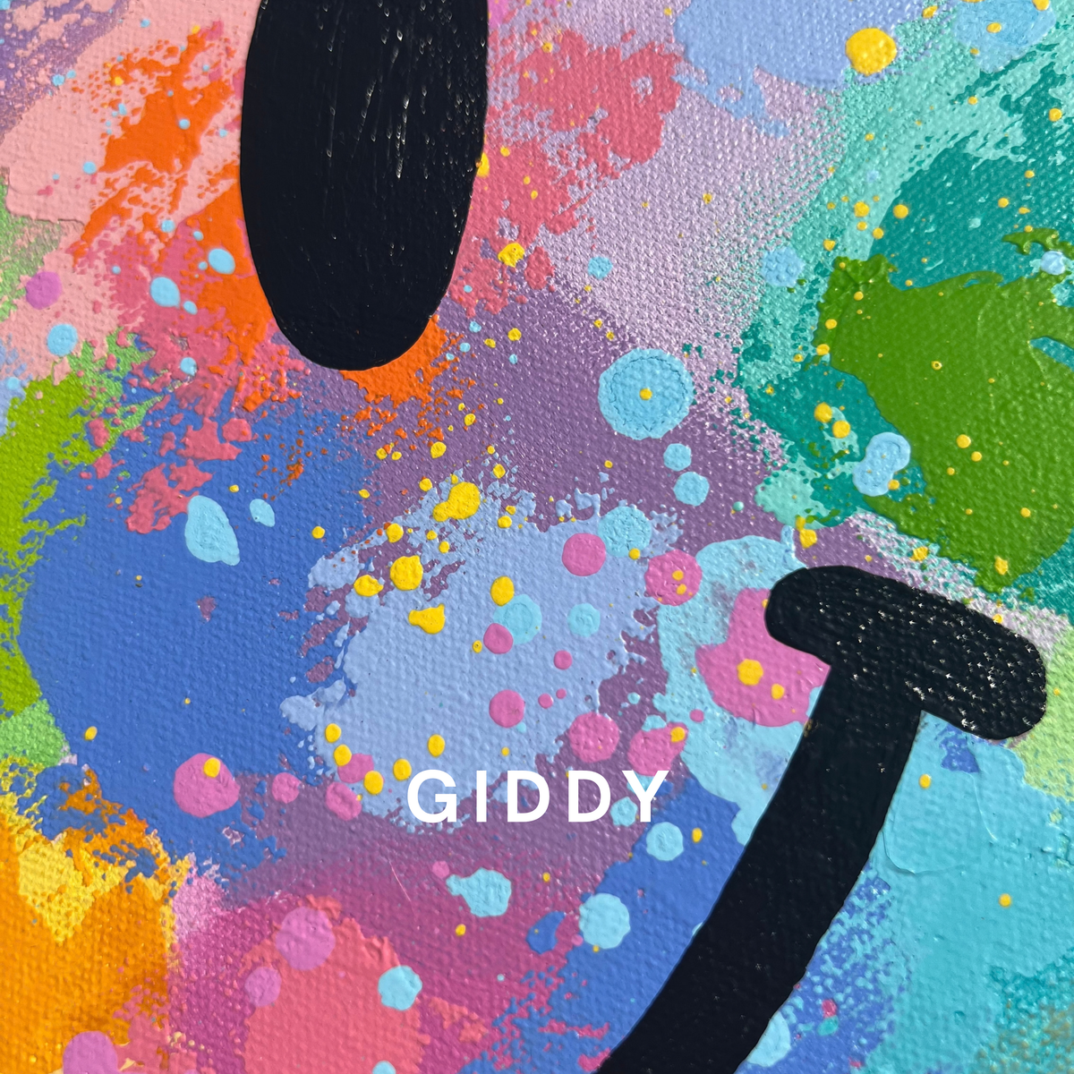Giddy, a 12-inch round original smiley face painting with layered pink, blue, aqua, green, orange and yellow acrylic paint and playful splatter details.