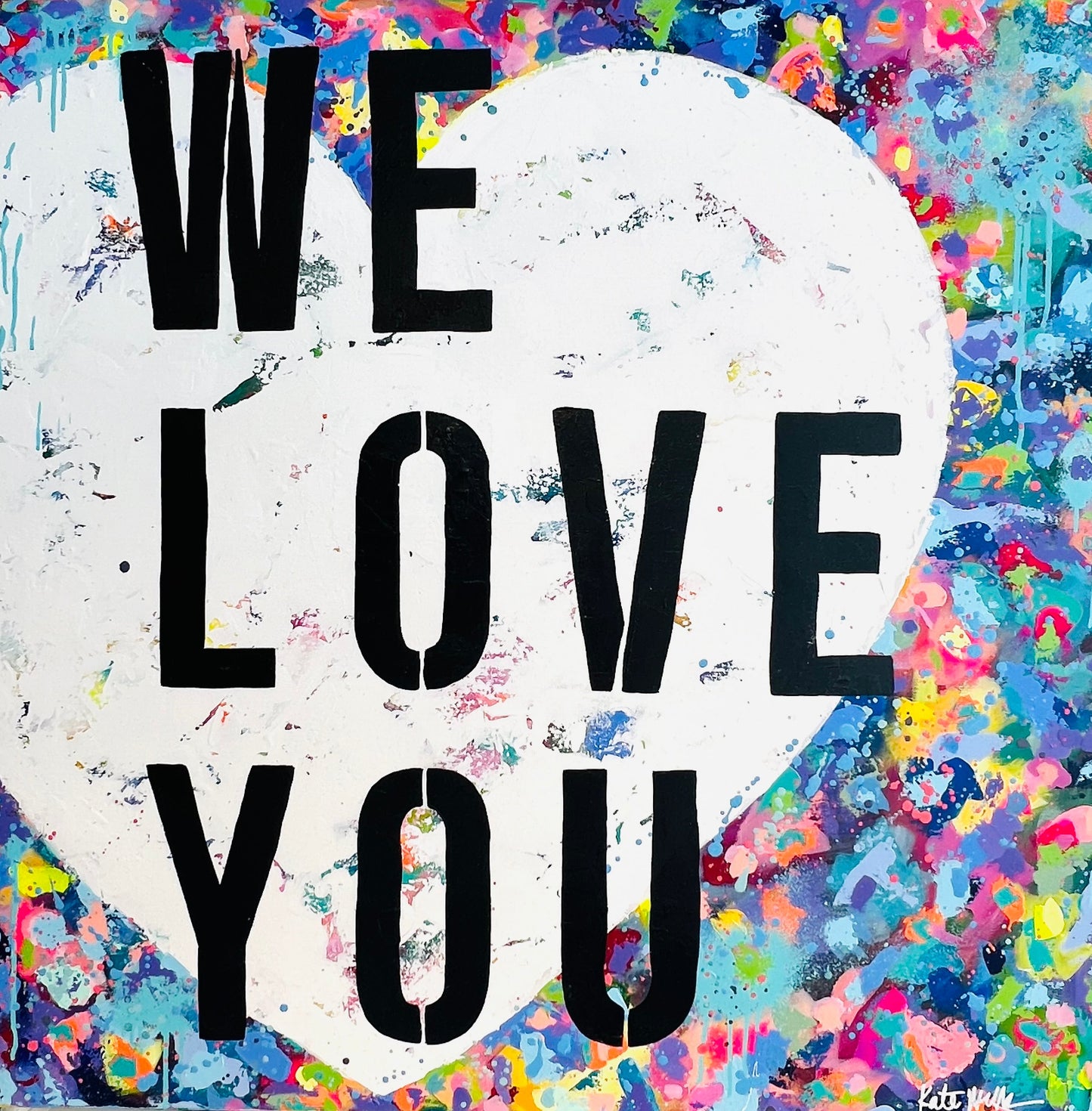 Colorful abstract painting with 'WE LOVE YOU' text on a white background