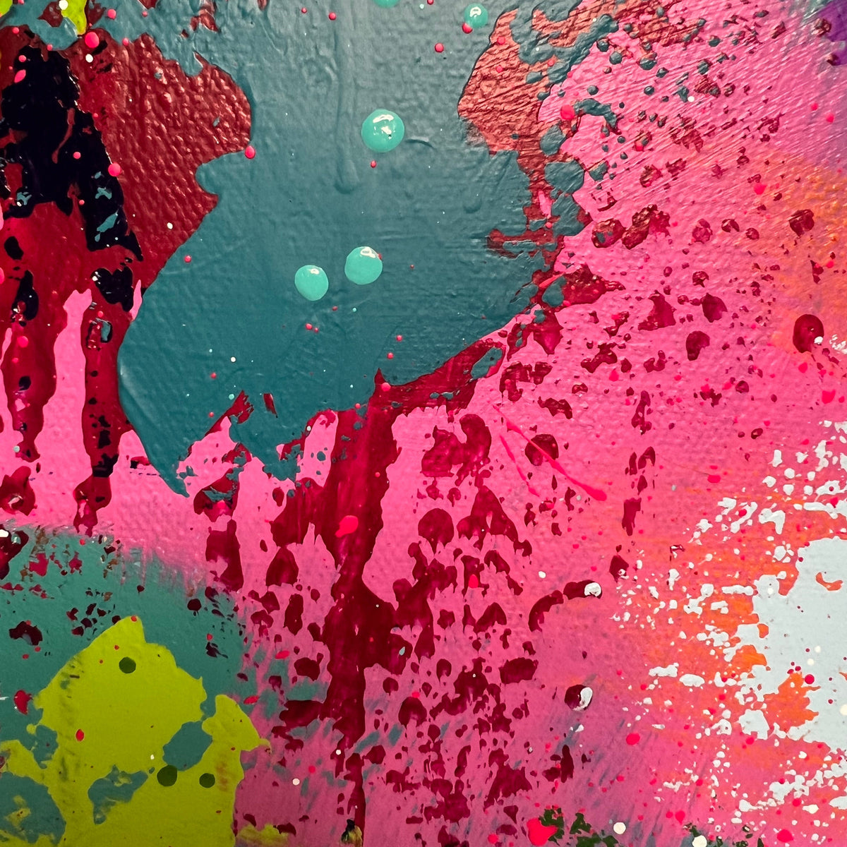 Abstract textured painting with bold splashes and drips of pink, teal, red, yellow, and black paint.