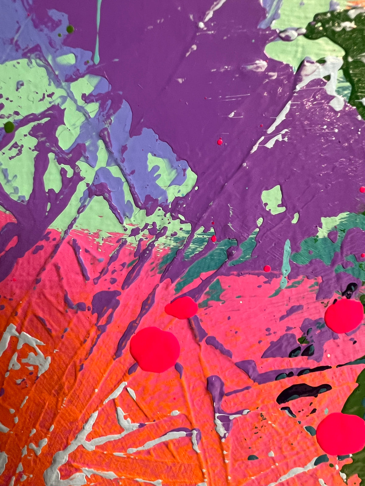 Abstract painted artwork with thick brushstrokes and splatters in purple, pink, orange, green, black, and white.