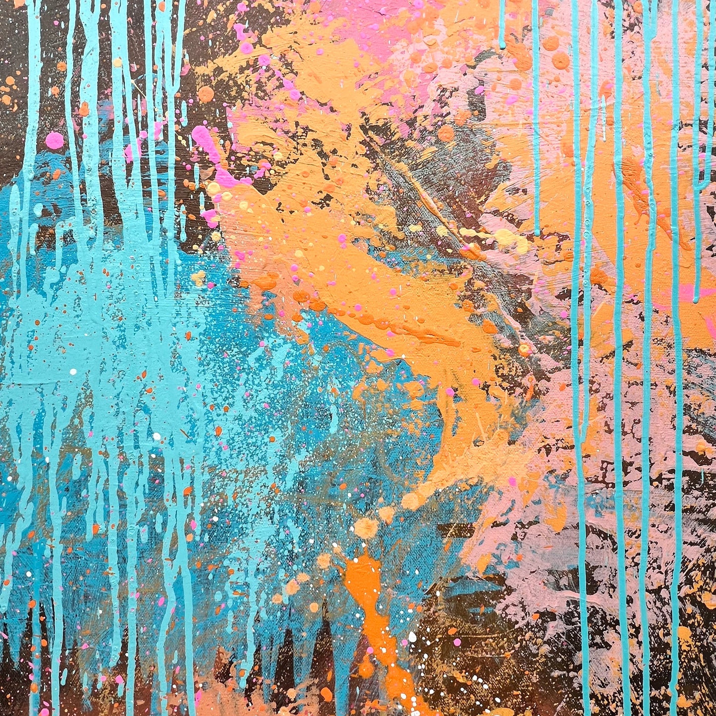 Abstract art with colorful drips and splashes on a textured background