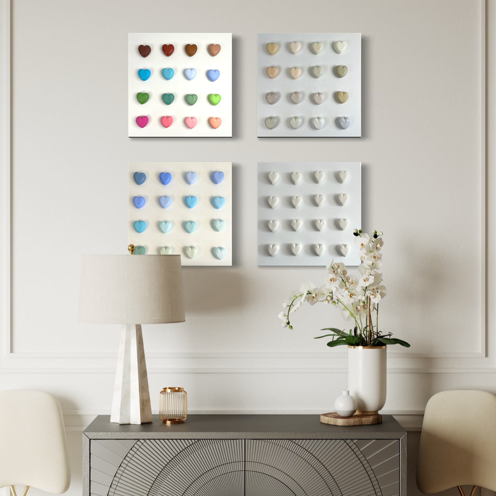 Modern interior with a decorative console table and chairs, featuring wall art.