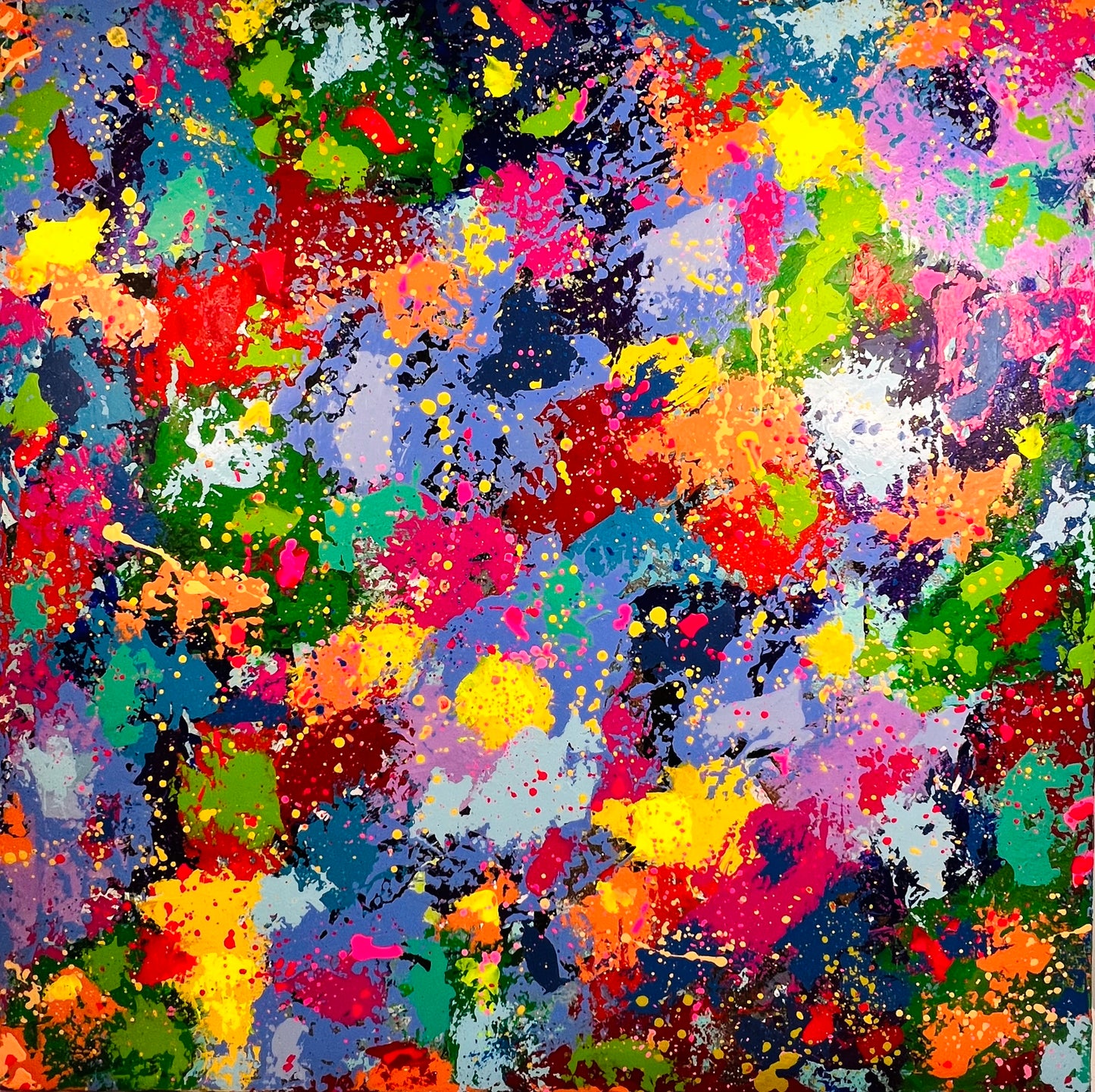 Abstract painting with multicolored splashes on a dark background