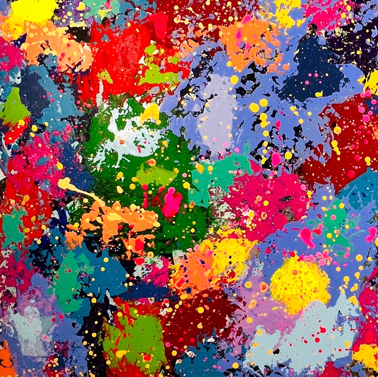 Abstract painting with multicolored splashes on a dark background