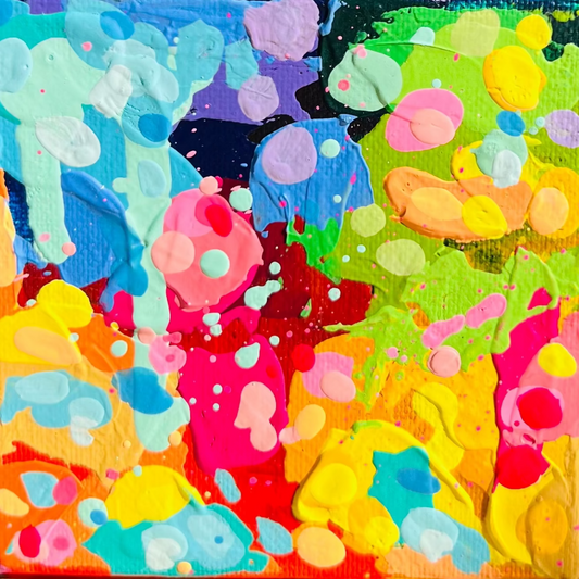 Colorful abstract painting on a square canvas with a blurred background