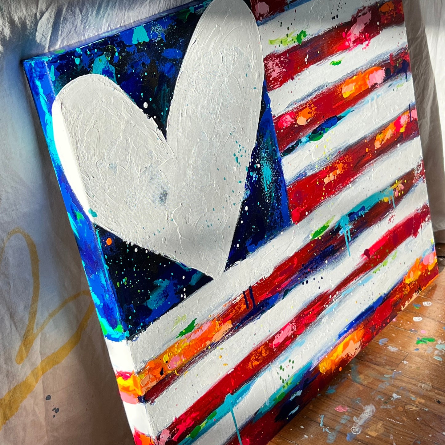Colorful abstract painting on a wooden surface