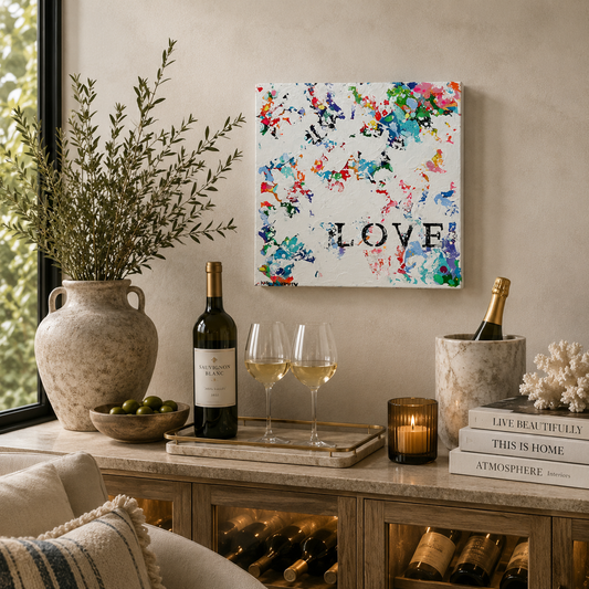 Living room setup with wine bottles, glasses, and a decorative 'LOVE' painting.