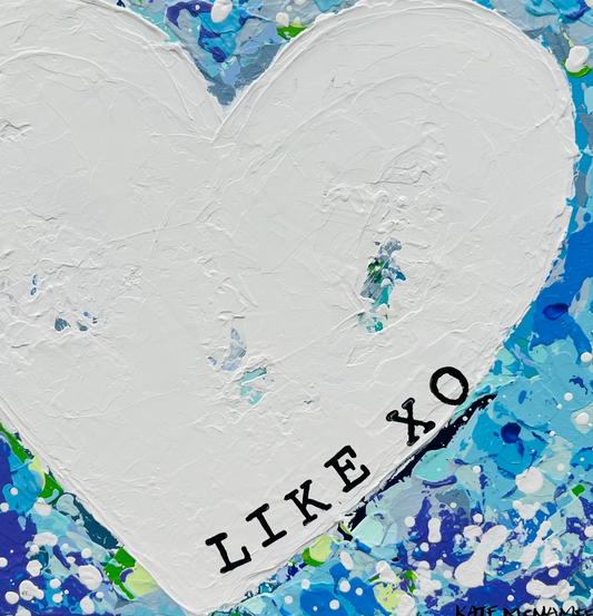 Heart-shaped artwork with 'LIKE XO' text on a colorful abstract background