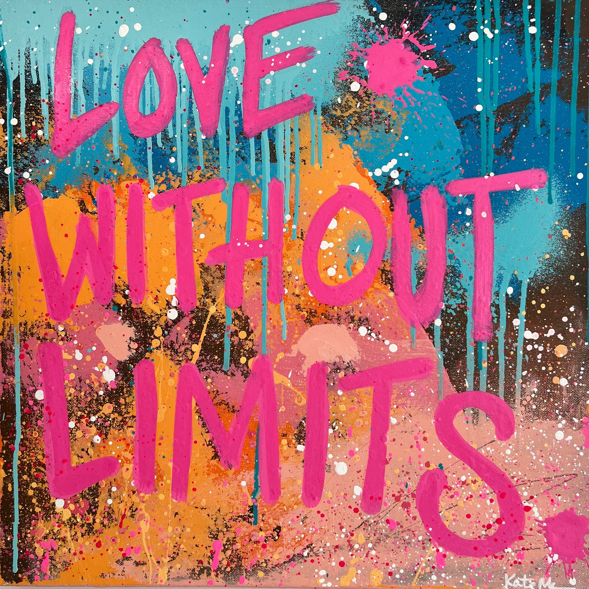 Colorful artwork with 'Love Without Limits' text on a textured surface