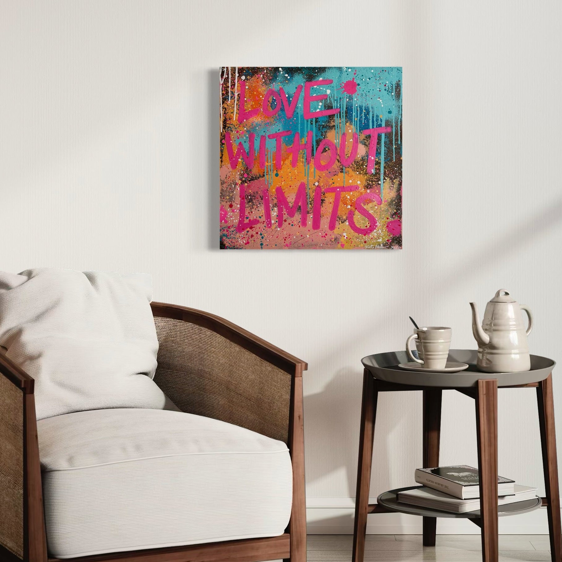 Modern interior with a chair, side table, and colorful abstract painting on the wall.