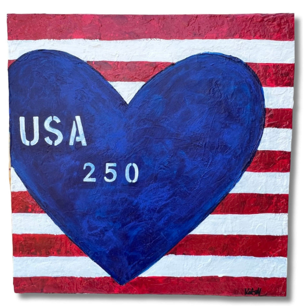 Painting of a blue heart with 'USA 250' text on a red, white, and blue striped background
