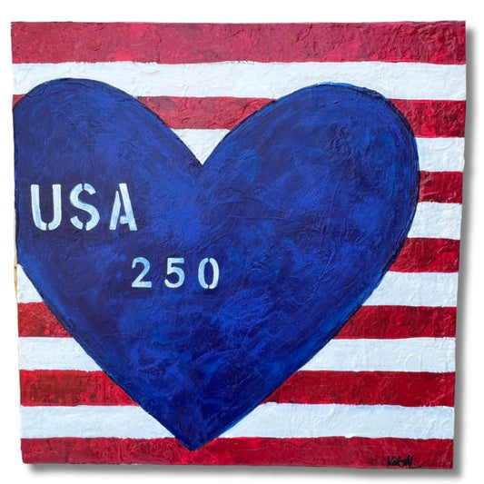 Painting of a blue heart with 'USA 250' text on a red, white, and blue striped background